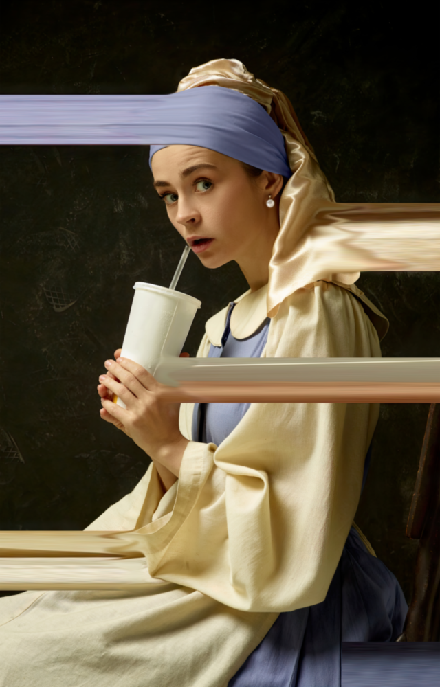 Arte de pared de vidrio de Chica con un arete de perlas