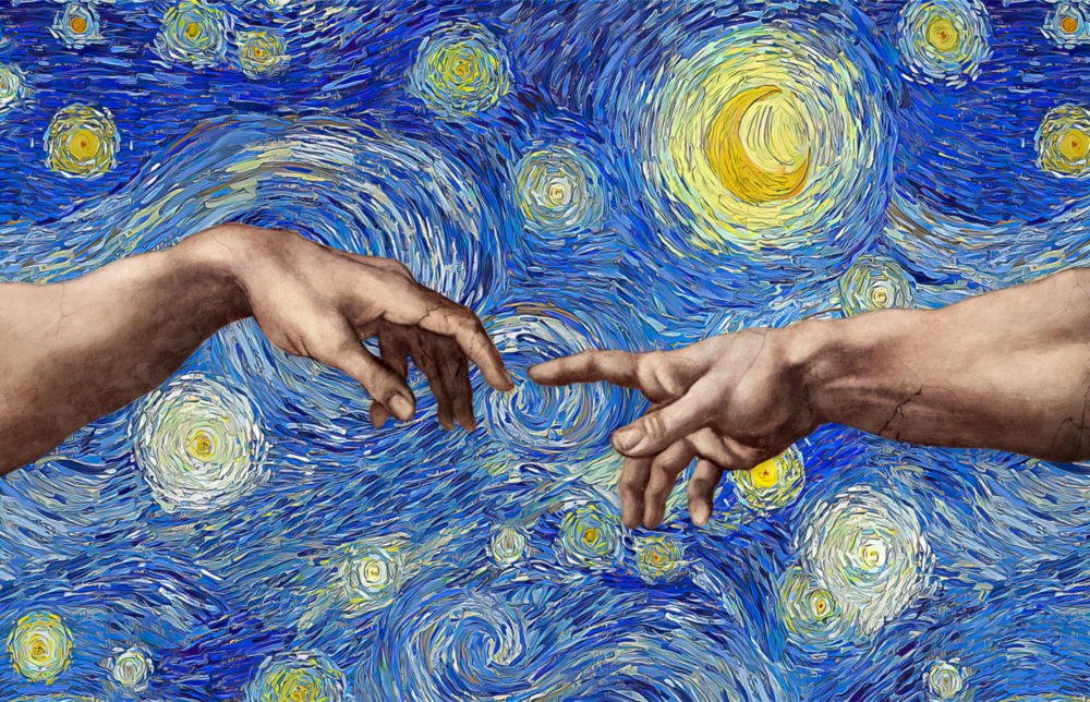 Hands of God and Adam in Van Gogh Style Glass Wall Art