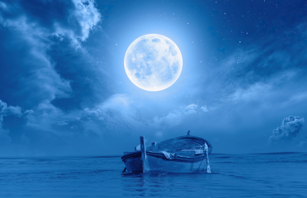 Mond und Boot Glasbild