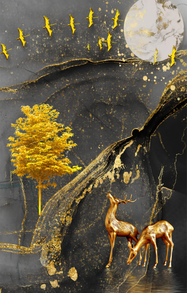 Arte della parete di vetro Albero d'oro e gazzelle