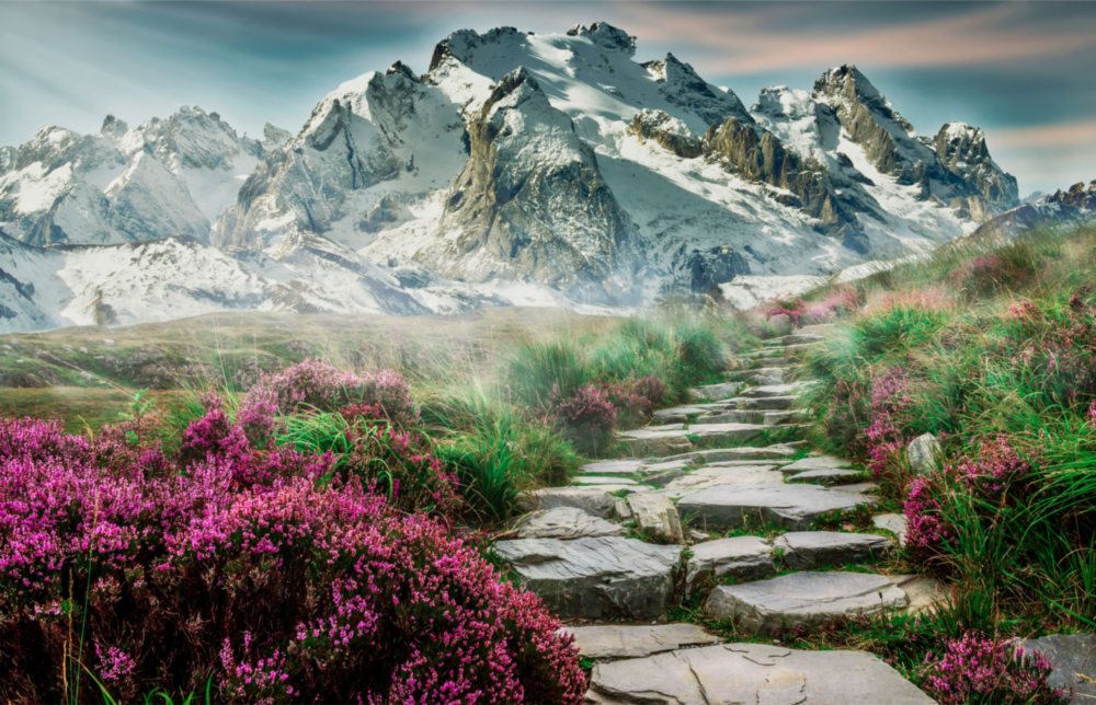 Fußweg zu Bergen Glasbild