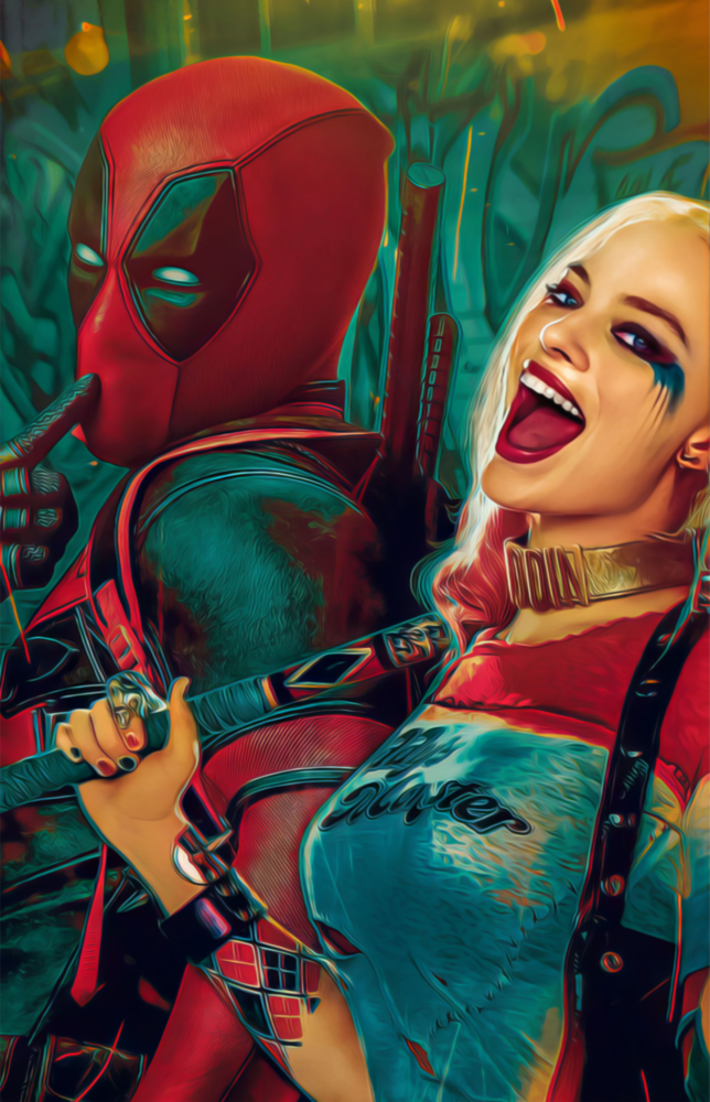 Arte della parete di vetro Harley Quinn e Deadpool