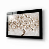 Weißer Blütenbaum auf Steinwand Baum des Lebens Glasbild - 72x46 cm
