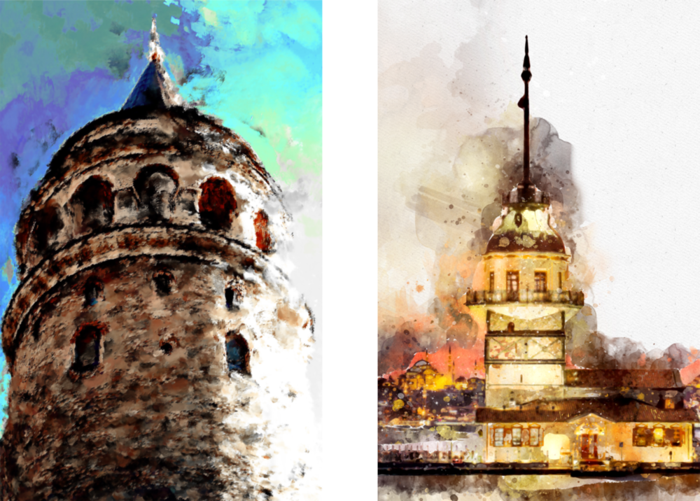 Galata Tower and Maiden's Tower 2 Pieces Combine Glass Wall Art