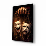 Masken von Tragödie und Komödie Glasbild - 72x46 cm