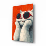 Gato con gafas rojas ante muro naranja cuadro de cristal - 72x46 cm