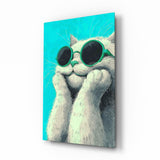 Chat turquoise aux lunettes vertes tableau en verre - 72x46 cm