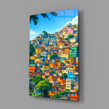 Vibrant Hillside Houses Glass Wall Art