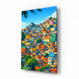 Vibrant Hillside Houses Glass Wall Art - 72x46 cm