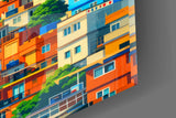Vibrant Hillside Houses Glass Wall Art