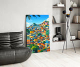 Vibrant Hillside Houses Glass Wall Art