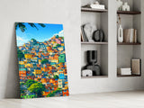 Vibrant Hillside Houses Glass Wall Art
