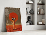 Cassette Head in Red Field Glass Wall Art