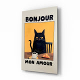 Tableau en verre Bonjour Cat Breakfast - 72x46 cm