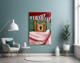 Yawning Cat in Bed Glass Wall Art