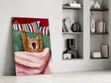 Yawning Cat in Bed Glass Wall Art