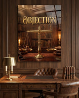 Glasbild Objection Gold Scales of Justice - 72x46 cm