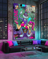 Cuadro de cristal Love and Money Cartoon Rabbit Pop Art - 72x46 cm