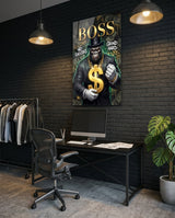 Quadro in vetro Boss Suited Gorilla Gold Dollar - 72x46 cm