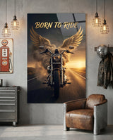 Born to Ride Winged Motorcycle Sunset Glass Wall Art - 72x46 cm
