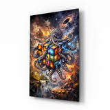 Checkered Octopus Cosmic Puzzle Cube Glass Wall Art - 72x46 cm