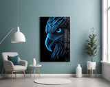 Neon Blue Eagle Head on Black Glass Wall Art
