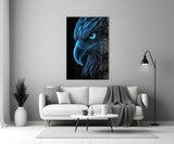 Neon Blue Eagle Head on Black Glass Wall Art