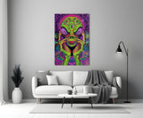 Neon Alien Face Psychedelic Mushroom Glass Wall Art