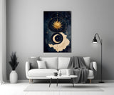 Navy and Gold Sun and Crescent Moon Glass Wall Art