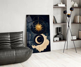 Navy and Gold Sun and Crescent Moon Glass Wall Art
