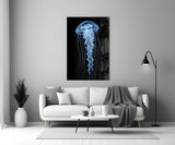 Blue Jellyfish on Black Deep Sea Glass Wall Art