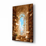 Glasbild Floating Pages Sunlit Library - 72x46 cm