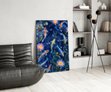 Midnight Blue Koi and Glowing Lotus Glass Wall Art