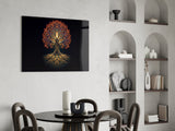 Golden Tree of Life Glowing Roots Glass Wall Art