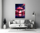Crimson Moon Torii Gate Blossom Glass Wall Art