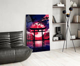 Crimson Moon Torii Gate Blossom Glass Wall Art