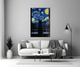 Black Cat at the Starry Night Window Glass Wall Art