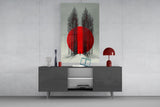 Crimson Sun Behind Bare Poplars Glass Wall Art