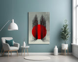 Crimson Sun Behind Bare Poplars Glass Wall Art