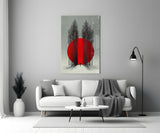 Crimson Sun Behind Bare Poplars Glass Wall Art