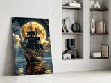 Galleon and Full Moon Seascape Glass Wall Art