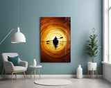Golden Sunset Kayaker Silhouette Glass Wall Art
