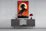 Rearing Black Horse Red Moon Glass Wall Art