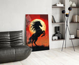 Rearing Black Horse Red Moon Glass Wall Art