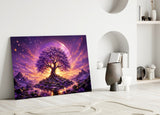 Purple Tree of Life Glowing Sunset Glass Wall Art