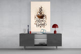 Steaming Coffee Cup Sunburst Typography Glass Wall Art