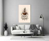 Steaming Coffee Cup Sunburst Typography Glass Wall Art