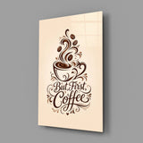 Brown Script Coffee Cup Typography Glass Wall Art