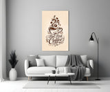 Brown Script Coffee Cup Typography Glass Wall Art