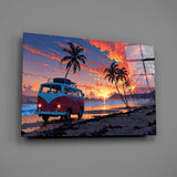 Retro Camper Van Beach Sunset Glass Wall Art